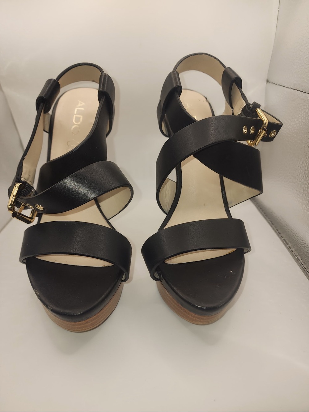 Aldo Black Crisscross Platform Sandals with Gold Buckles
